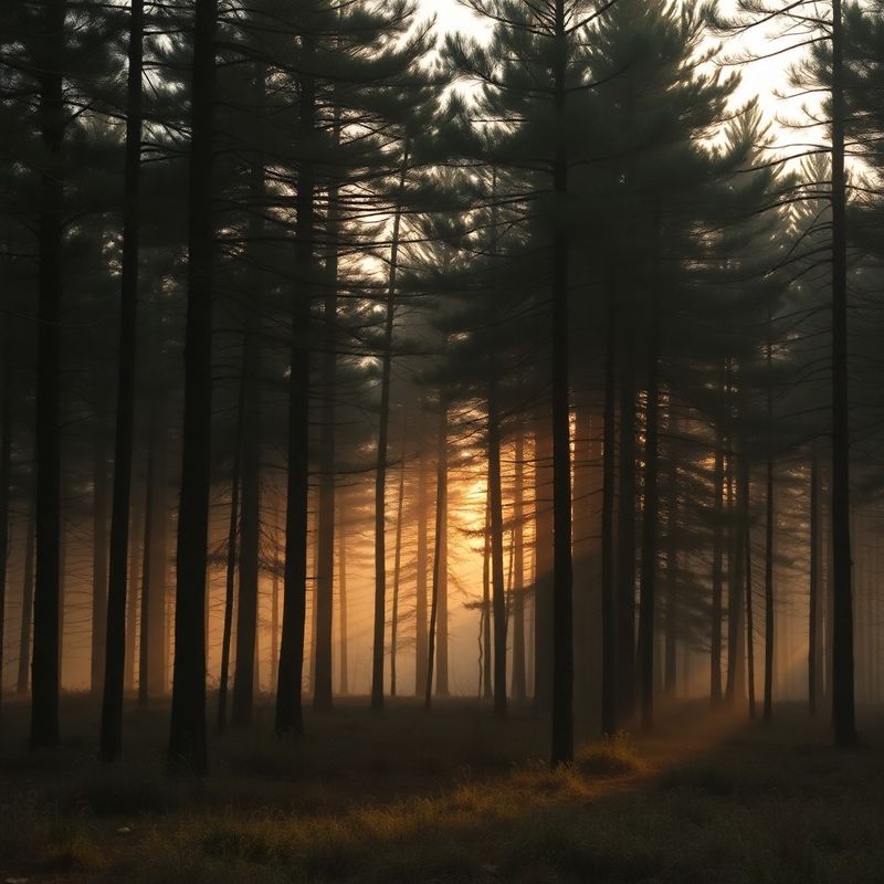 Pădure carpatică în zori, cu lumină filtrând prin canopia de pin și stejar