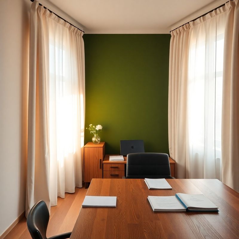Interior discret de cabinet de consiliere din Brașov, cu accente verde-pădure și lumină caldă