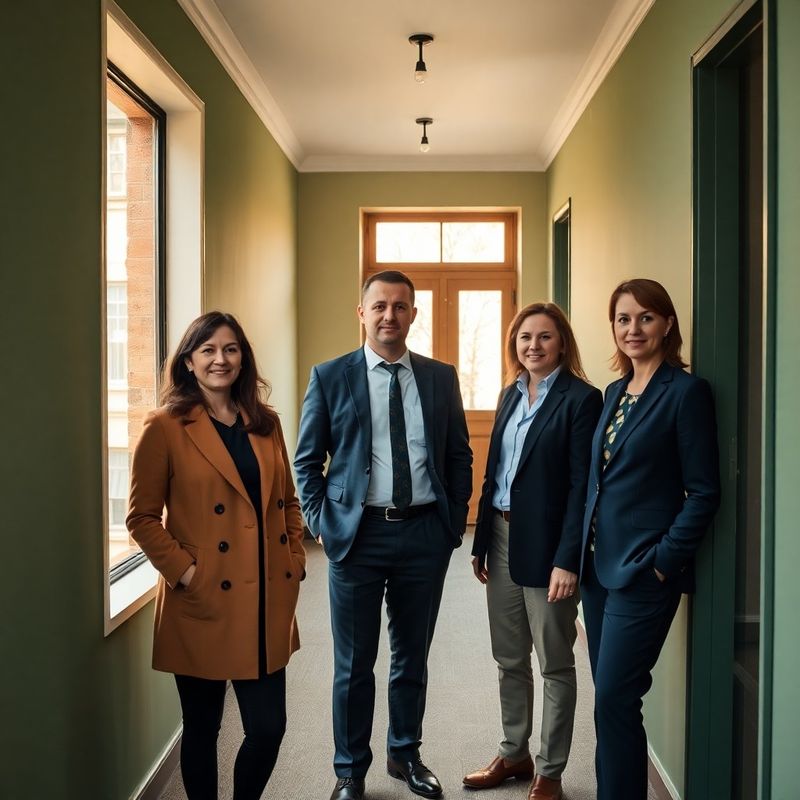 Trei profesioniști într-un coridor de birou cu accente verde-pădure și crem din Brașov